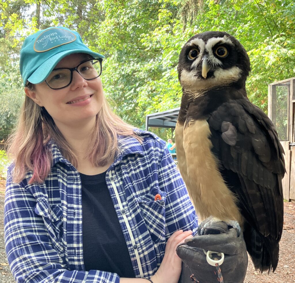 Terri Susan with Inspector the spectacled owl